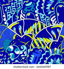 Tracery seamless pattern. Mehndi design. Ethnic colorful doodle texture. Curved doodling background. Vector