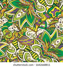Tracery seamless pattern. Mehndi design. Ethnic colorful doodle texture. Curved doodling background. Vector