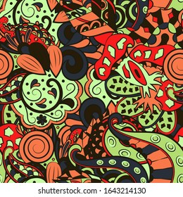 Tracery seamless pattern. Mehndi design. Ethnic colorful doodle texture. Curved doodling background. Vector