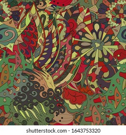 Tracery seamless pattern. Mehndi design. Ethnic colorful doodle texture. Curved doodling background. Vector
