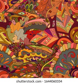 Tracery seamless pattern. Mehndi design. Ethnic colorful doodle texture. Curved doodling background. Vector