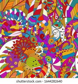 Tracery seamless pattern. Mehndi design. Ethnic colorful doodle texture. Curved doodling background. Vector
