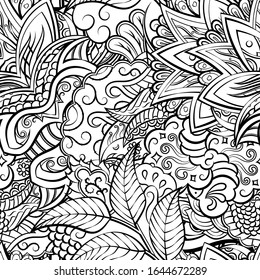 Tracery seamless pattern. Mehndi design. Ethnic monochrome binary doodle texture. Curved doodling black and white background. Vector