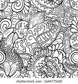 Tracery seamless pattern. Mehndi design. Ethnic monochrome binary doodle texture. Curved doodling black and white background. Vector