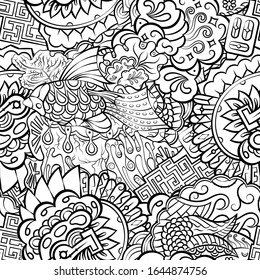 Tracery seamless pattern. Mehndi design. Ethnic monochrome binary doodle texture. Curved doodling black and white background. Vector