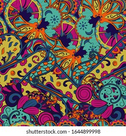 Tracery seamless pattern. Mehndi design. Ethnic colorful doodle texture. Curved doodling background. Vector