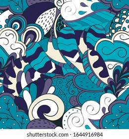 Tracery seamless pattern. Mehndi design. Ethnic colorful doodle texture. Curved doodling background. Vector