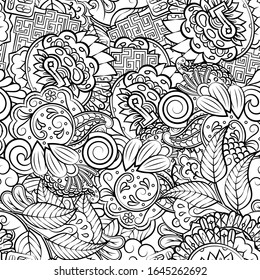 Tracery seamless pattern. Mehndi design. Ethnic monochrome binary doodle texture. Curved doodling black and white background. Vector