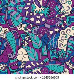 Tracery seamless pattern. Mehndi design. Ethnic colorful doodle texture. Curved doodling background. Vector
