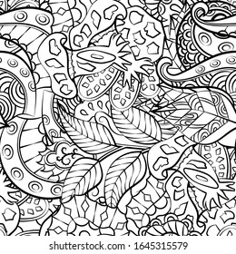 Tracery seamless pattern. Mehndi design. Ethnic monochrome binary doodle texture. Curved doodling black and white background. Vector
