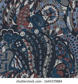 Tracery seamless pattern. Mehndi design. Ethnic colorful doodle texture. Curved doodling background. Vector