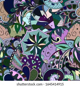 Tracery seamless pattern. Mehndi design. Ethnic colorful doodle texture. Curved doodling background. Vector