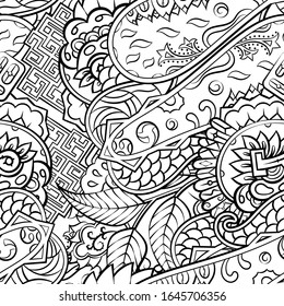 Tracery seamless pattern. Mehndi design. Ethnic monochrome binary doodle texture. Curved doodling black and white background. Vector