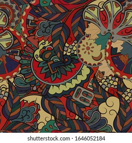 Tracery seamless pattern. Mehndi design. Ethnic colorful doodle texture. Curved doodling background. Vector