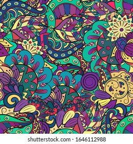 Tracery seamless pattern. Mehndi design. Ethnic colorful doodle texture. Curved doodling background. Vector