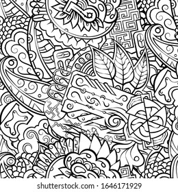 Tracery seamless pattern. Mehndi design. Ethnic monochrome binary doodle texture. Curved doodling black and white background. Vector