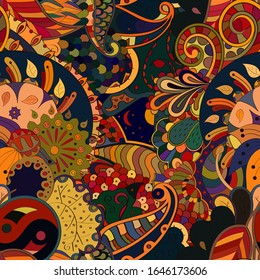 Tracery seamless pattern. Mehndi design. Ethnic colorful doodle texture. Curved doodling background. Vector