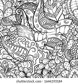 Tracery seamless pattern. Mehndi design. Ethnic monochrome binary doodle texture. Curved doodling black and white background. Vector