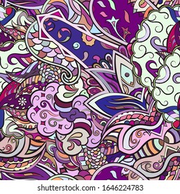 Tracery seamless pattern. Mehndi design. Ethnic colorful doodle texture. Curved doodling background. Vector