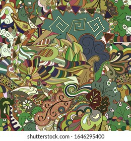 Tracery seamless pattern. Mehndi design. Ethnic colorful doodle texture. Curved doodling background. Vector