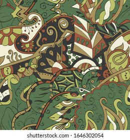 Tracery seamless pattern. Mehndi design. Ethnic colorful doodle texture. Curved doodling background. Vector