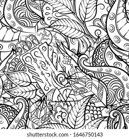 Tracery seamless pattern. Mehndi design. Ethnic monochrome binary doodle texture. Curved doodling black and white background. Vector