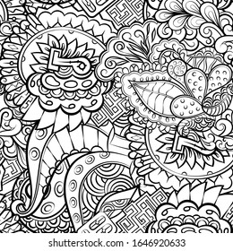 Tracery seamless pattern. Mehndi design. Ethnic monochrome binary doodle texture. Curved doodling black and white background. Vector