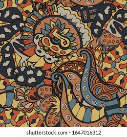 Tracery seamless pattern. Mehndi design. Ethnic colorful doodle texture. Curved doodling background. Vector