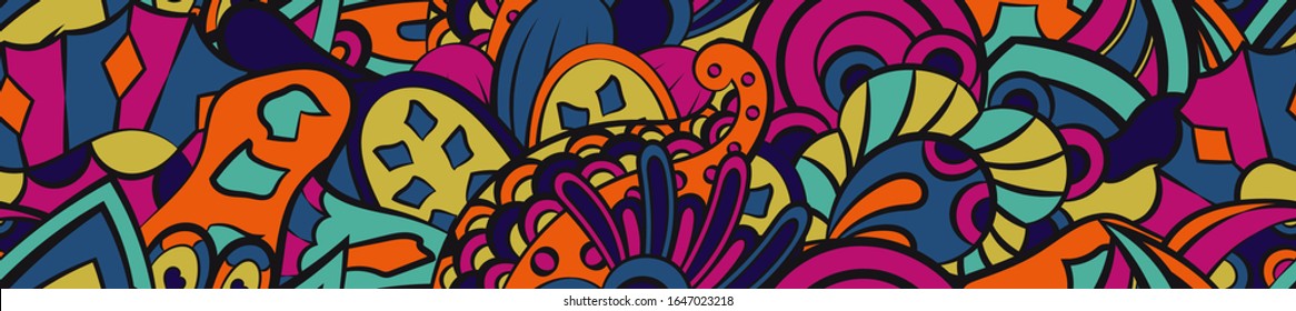 Tracery seamless pattern. Mehndi design. Ethnic colorful doodle texture. Curved doodling background. Vector