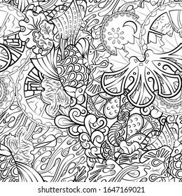 Tracery seamless pattern. Mehndi design. Ethnic monochrome binary doodle texture. Curved doodling black and white background. Vector