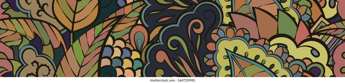 Tracery seamless pattern. Mehndi design. Ethnic colorful doodle texture. Curved doodling background. Vector
