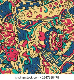 Tracery seamless pattern. Mehndi design. Ethnic colorful doodle texture. Curved doodling background. Vector