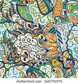 Tracery seamless pattern. Mehndi design. Ethnic colorful doodle texture. Curved doodling background. Vector