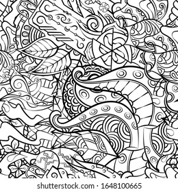 Tracery seamless pattern. Mehndi design. Ethnic monochrome binary doodle texture. Curved doodling black and white background. Vector