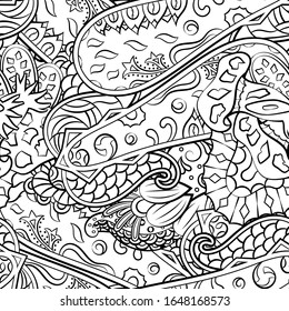 Tracery seamless pattern. Mehndi design. Ethnic monochrome binary doodle texture. Curved doodling black and white background. Vector