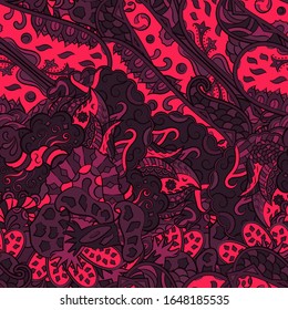 Tracery seamless pattern. Mehndi design. Ethnic colorful doodle texture. Curved doodling background. Vector