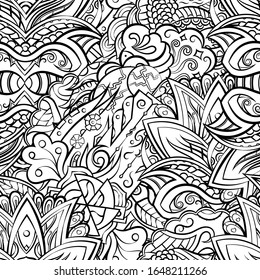 Tracery seamless pattern. Mehndi design. Ethnic monochrome binary doodle texture. Curved doodling black and white background. Vector