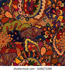 Tracery seamless pattern. Mehndi design. Ethnic colorful doodle texture. Curved doodling background. Vector