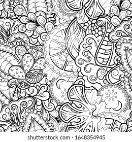 Tracery seamless pattern. Mehndi design. Ethnic monochrome binary doodle texture. Curved doodling black and white background. Vector
