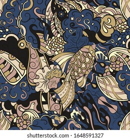 Tracery seamless pattern. Mehndi design. Ethnic colorful doodle texture. Curved doodling background. Vector