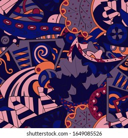 Tracery seamless pattern. Mehndi design. Ethnic colorful doodle texture. Curved doodling background. Vector