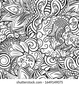 Tracery seamless pattern. Mehndi design. Ethnic monochrome binary doodle texture. Curved doodling black and white background. Vector