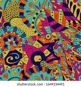 Tracery seamless pattern. Mehndi design. Ethnic colorful doodle texture. Curved doodling background. Vector