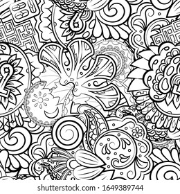 Tracery seamless pattern. Mehndi design. Ethnic monochrome binary doodle texture. Curved doodling black and white background. Vector