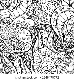 Tracery seamless pattern. Mehndi design. Ethnic monochrome binary doodle texture. Curved doodling black and white background. Vector