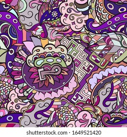 Tracery seamless pattern. Mehndi design. Ethnic colorful doodle texture. Curved doodling background. Vector