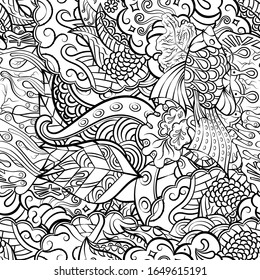 Tracery seamless pattern. Mehndi design. Ethnic monochrome binary doodle texture. Curved doodling black and white background. Vector