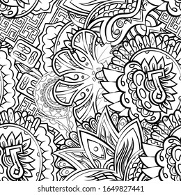 Tracery seamless pattern. Mehndi design. Ethnic monochrome binary doodle texture. Curved doodling black and white background. Vector