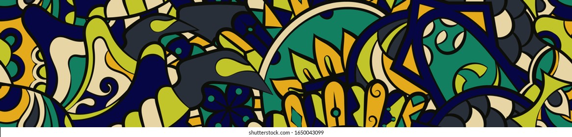 Tracery seamless pattern. Mehndi design. Ethnic colorful doodle texture. Curved doodling background. Vector
