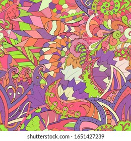 Tracery seamless pattern. Mehndi design. Ethnic colorful doodle texture. Curved doodling background. Vector